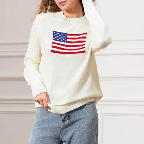 Image of Womens American Flag Sweater Long Sleeve Crew Neck Star Graphic Knit Pullover Tops Casual Loose USA Sweater