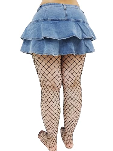 Women's Mini Denim Skirt,2-Ply Ruffle Layers+Fishnet Socks Set,Summer A-Line Pleated Short Jean Skirt with Safety Pants (US, Alpha, Large, Regular, Regular, Blue)