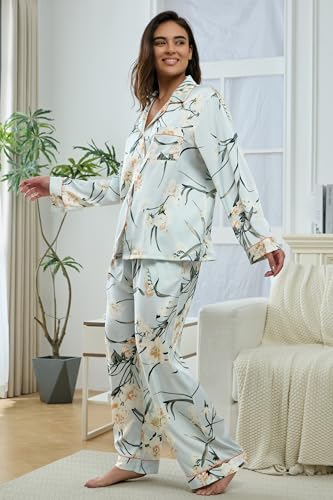 Image of YiNi LuLu Womens Silk Satin Pajamas Set Button Down 2 Piece Pjs Long Sleeve Oversized Sleepwear with Pockets