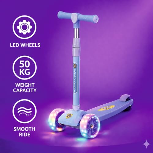 Image of Kids Foldable Kick Scooter with 4 Level Adjustable Height & LED PU Wheels | for Ages 3-14 Years | Rear Brake | 50 kg Weight Capacity | Color Blue