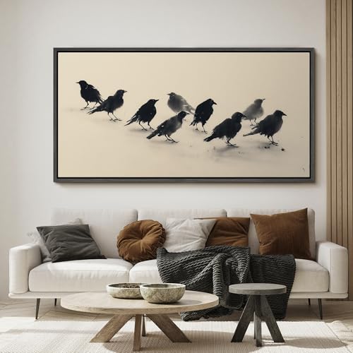 Image of MUDECOR Extra Large Framed Canvas Print Wall Art Minimalist Black Crow Flock Ink Style Neutral Antique Retro Ready to Hang Painting for Living Room Bedroom Multi-Sizes - 60 inchx30 inch