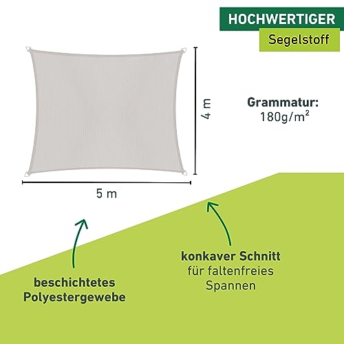 Windhager Sonnensegel Cannes Rechteck 4 x 5 m, Sonnenschutz für Garten & Terrasse, UV- und witterungsbeständig, grau, 10737, Creme