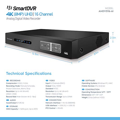Image of Amcrest 4K UltraHD 16 Channel AI DVR Security Camera System Recorder, 8MP Security DVR for Analog Security Cameras & Amcrest IP Cameras, AI Smart DVR, Pre-Installed 4TB Hard Drive (AMDV5116-4TB)