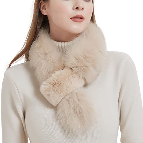Bibury Khaki Real Fox Fur Scarf With Rex Rabbit Fur Trim, Cold Weather Neck Warmer,Winter Accessories
