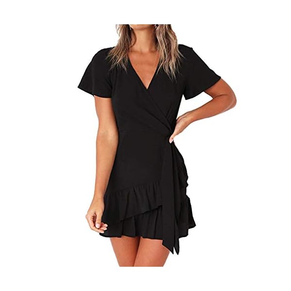 Naggoo-Womens-Summer-Wrap-V-Neck-Polka-Dot-Print-Ruffle-Short-Sleeve-Mini-Floral-Dress-with-Belt Naggoo Women's Summer Wrap V Neck Polka Dot Print Ruffle Short Sleeve Mini Floral Dress with Belt (Medium, Solid Black)