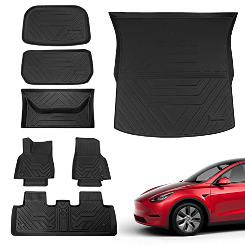 Xipoo Fit Tesla Model Y Trunk Mat Floor Mats Cargo Mat Trunk Mat Cargo Liner for 2020 2021 2022 Tesla Model Y Accessories (Four Trunk Mats + Floor Mats)