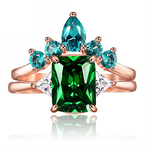 JIANGYUE Emerald Green Cubic Zirconia Stackable Statement Rings for Women Rose Gold White Crown Wedding Rings Set Mother's Day Jewelry Gift Size 5 6 7 8 9 10