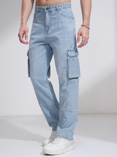 Image of Highlander Men's Relaxed-Fit Cargo Pocket Jeans | Clean Look | Cotton Comfort | Utility Style| Cargo Jeans for Man