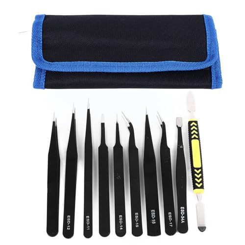 Ensemble de Pincettes de Précision 10 Pièces, Comprenant des Pincettes Pointues, des Pincettes Incurvées et D'autres Pincettes, Kit de Pincettes à Souder avec Sac de Rangement