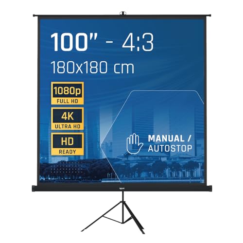 iggual Pantalla Proyección 100' Manual Enrollable con Trípode - Cuadrada, Ángulo Visión 180º, Compatible 4K y Cualquier Proyector, Altura Ajustable (Bolsa...
