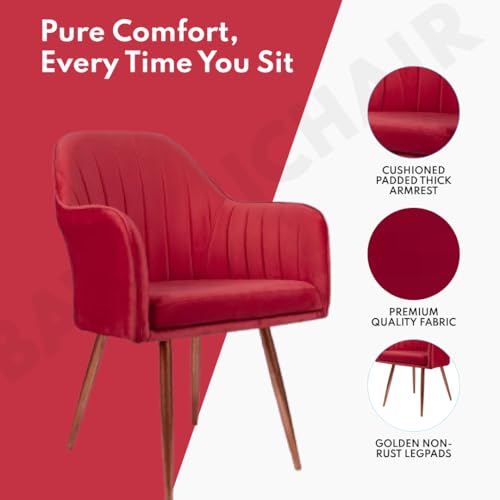 Image of Velvet Chair for Home | Modern Accent Armchair in Soft Velvet Fabric with Golden Legs | Set of 2 Premium Accent Chair for Living Room Bedroom Restaurent | (Red, Standard)
