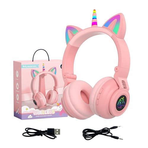 YUSONIC Unicorn Kids Headphones for Girls Unicorn Bluetooth Headphones Foldable for Girls Toddlers Tablet/pad/Amazon fire Light Up Kids Wireless Headphone Birthday Gifts (Pink 2)