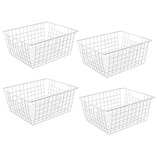 14″ Upright Freezer Storage Baskets, White Wire Storage Bins Large Bakset for Freezer, Pantry, Bathroom Organizing, Set of 4
