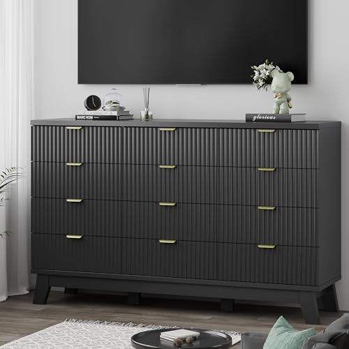 Image of Xixini Fluted Dresser for Bedroom with 12 Drawers, 57 inch Wide Modern Chest of Drawers with Metal Handle, Wooden Dresser TV Stand, Wood Closet Clothes Storage Organizer for Living Room, Hallway, Black