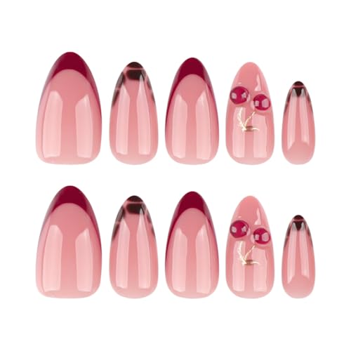 Image of Red Nails Press ons Cherry Fake Nails French Tip False Nail with Tortoise Shell Design Glossy Full Cover Reusable Artificial Acrylic Medium Almond Stick on Nail for Women Manicure 24Pcs