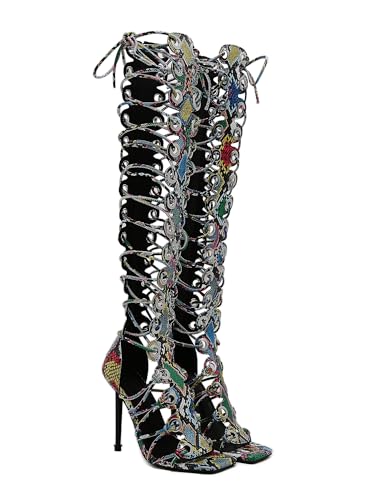 Image of STUPMARY Women Peep Toe Sandals Cut-outs Cross-tied Lace Up High Heeled Gladiator Sandals Zipper Over The Knee Bootie Summer