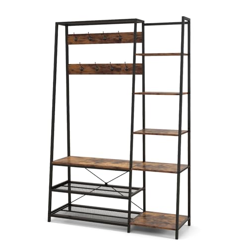 HOMASIS Armoire de chambre à coucher en bois, porte-manteau de sol avec 5 étagères, 2 rangées de crochets, banc à chaussures, 2 étagères en maille,...