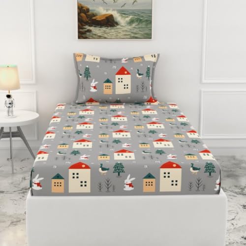 Image of LORETO - A QUALITY LINEN BRAND 186 TC 100% Pure Cotton Single Fitted Bedsheet with 1 Pillow Cover for 78 x 36 Inch Mattress, All-Around Elastic, 8 Inch Deep Pocket, Grey Bunny