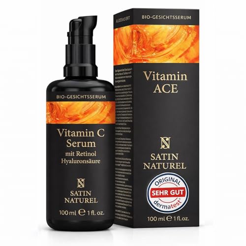 100ml Bio Vitamin C Serum Gesicht extra Vitamin A&E + Hyaluronsäure - Vegan Revitalisierende Anti Aging Gesichtspflege - Aloe Vera Gel Basis statt Wasser - Naturkosmetik Satin Naturel Made in Germany