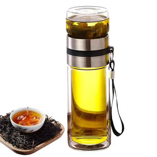 Generisch Botella infusora de té de cristal, taza de agua de doble capa de 7,87 pulgadas, boca espiral aislada con calor de 350 ml, botella de separación de té a prueba de fugas y botella de