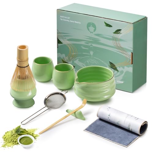 9-Piece Japanese Matcha Set, 18oz Ceramic Bowl with 2 Gold-Inlaid Cups, Handcrafted Bamboo Whisk, Sifter & Whisk Holder, Authentic Matcha Tea Making Kit for Beginners & Tea Lovers, Gift Box (Green)