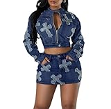 Matériau : tenue deux pièces en jean pour femme fabriquée en polyester et coton, respirante, également cette tenue en jean pour femme est également douce au toucher et confortable à porter.