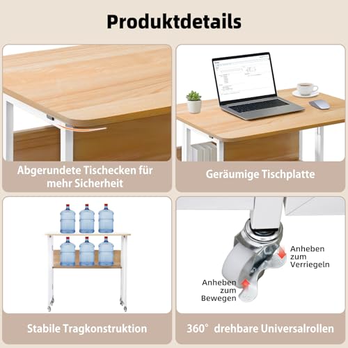 FeheriFurn Klapptisch klein, Schreibtisch klappbar 80cm, Computertisch mit Rollen, faltbar platzsparend, mit Ablage, Kleiner Tisch Home Office, Natürlich