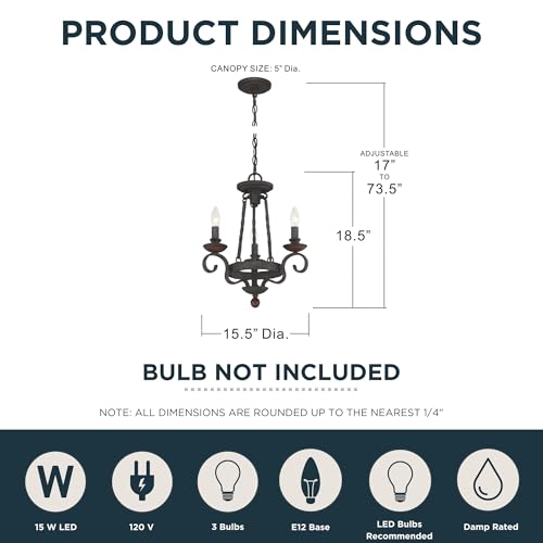 Image of Quoizel Noble 15.5 inch Candle-Style Chandelier, 3-Light, Rustic Black | Solid Wood Accents, European Style, Adjustable Height Up To 74 inch