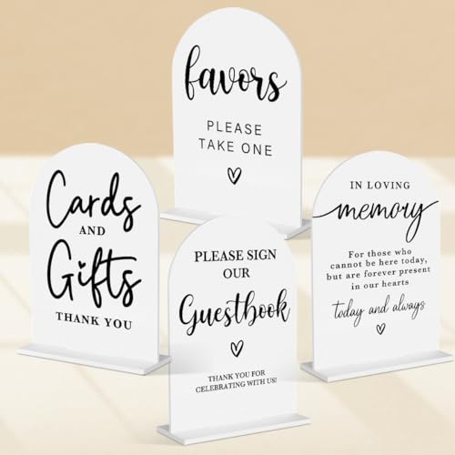 4 Pcs Acrylic Wedding Signs for Ceremony and Reception, Bridal Shower Decorations, Cards and Gifts Signs, Guest Book Sign, Arch Acrylic Table Top Sign with Holder for Wedding Reception (White)