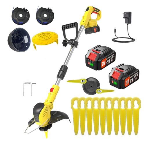 21V Cordless Strimmer with 2xbattery and 1 charger,22cm Cutting Width,Cordless Grass Trimmer and Lawn Edger,Includes 10x Plastic Blades,2x thread reels for lawn care garden (Yellow)