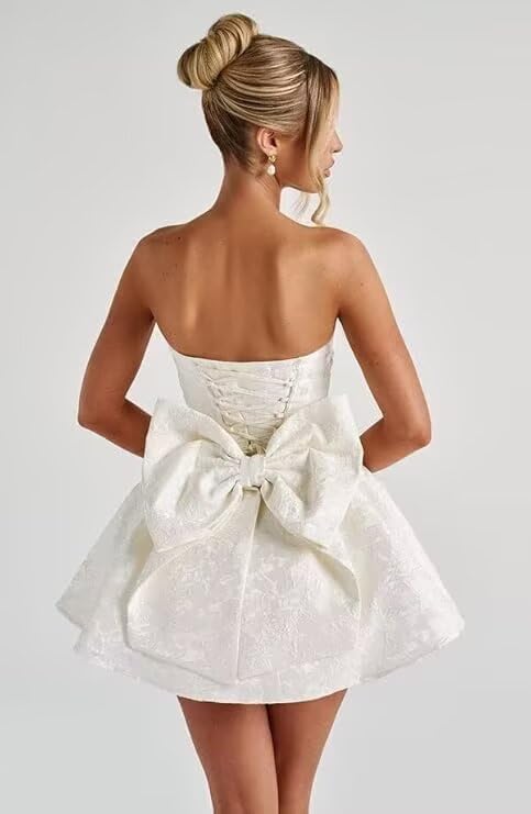 Strapless Short Homecoming Dresses for Teens Satin A-line Formal Prom Party Dress Mini Length with Bow3