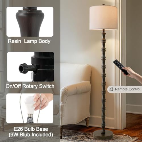 Image of BOBOMOMO 62 inch Rustic Farmhouse Floor Lamp Dark Brown with Remote & Dimmable 9W Bulb, 3 Color Temperatures Resin Standing Lamp, Retro Tall Lamp for Living Room, Bedroom, Nursery, Office, Reading Nook