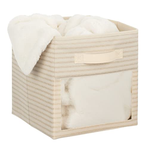 Mdesign Fabric Nursery/Playroom Closet Storage Organizer Bin Box, Front Handle/Window For Cube Furniture Shelving Unit, Hold Toys, Clothes, Diapers, Bibs, Lido Collection, 4 Pack, Natural/Taupe Stripe #TOP6