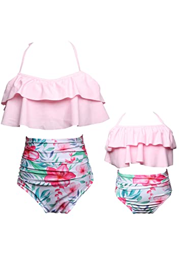 YMING Matching Mom and Daughter Swimsuits Halter Neck Bikini Sets Pk Floral 5-6 Years Pink Flower