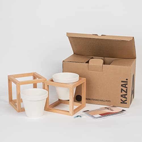 Kazai. Wall Planters -Lille- | Hanging Flower Pots In Solid Wood Frames | Plant Holder Set Made Of Ceramic And Wood For Walls, Tables And More | Natural Brown #TOP4