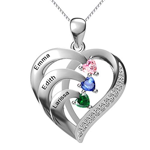 Asiarhyme 3 Custom Names Necklaces for Women,Copper Birthstone Necklace for Mother and Kids Names,Sterling Silver Heart Necklace for Mom and Daughters