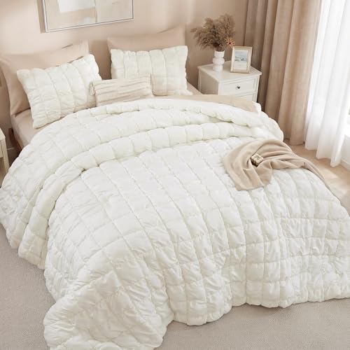 Image of JANZAA Queen Comforter Set, Cream White Comforter with Puff Plaid Fluffy Comforter Set Queen, Cloud-Like Soft Cozy Bedding Set, Lightweight Warm Bedroom Decor for All Season with 2 Pillowcases