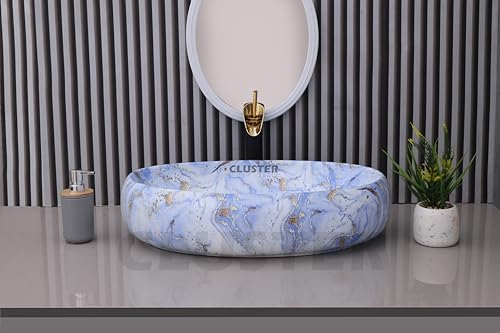 Image of CLUSTER Designer Glossy Ceramic Table Top Wash Basin For Bathroom | Countertop Bathroom Sink For Livingroom, Resturant Decor, Oval Shape (24 x 16 x 6 inch)