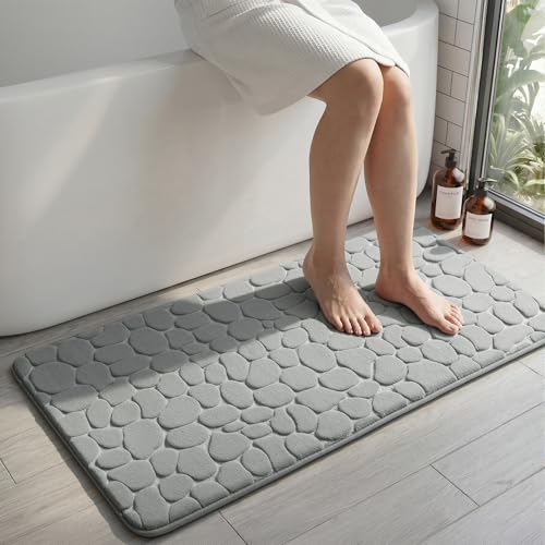 YIHOUSE Memory Foam Runner Rug, Cobblestone Bathroom Runner Rugs Super Water Absorbent Bath Mats for Bathroom Machine Washable Bath Rugs for Hallway Bedroom Laundry Room(24 x 47,Light Gray) - image 1