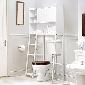 FLYZC Over The Toilet Storage Cabinet, Bathroom Organizer Over Toilet with Toilet Paper Holder Stand, Over Toilet Bathroom Organizer, Above Toilet Storage Rack for Bathroom Storage, White
