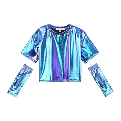 Girls Metallic Blue Shirts with Arm Covers, Shiny Crop Top for Dancing, Raves, Festivals, Costumes Size 6 7 Cover