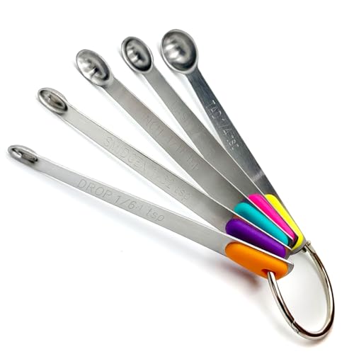EYBDYB Stainless Steel Mini Measuring Spoons Set of 5 – Precise Teaspoon Measuring Tools 1/64, 1/32, 1/16, 1/8, 1/4 Tsp – Small Spice Measuring Spoons with Silicone Grip Handles & Storage Ring