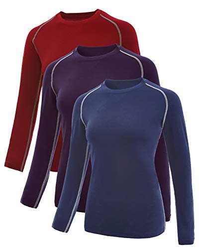 SILKWORLD Women's 3 Pack Compression Shirts Dry Fit Athletic Running Long-Sleeved Sports Workout