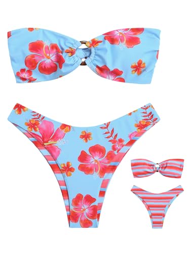 Image of ZAFUL Women's Bandeau Bikini O Ring Strapless Tie Back High Cut Two Piece Swimsuit Bathing Suits