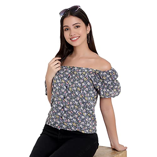 Image of FNOCKS Women Button Closure Short Sleeves Floral Printed Tops /Georgette Fabric