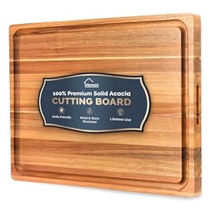 Acacia Wood Cutting Board, Thick Edge Grain Butcher Block, Pre-Oiled Carving Tray w/Juice Grooves & Handles, 17″x13″x1.5″, Gift-Ready Box