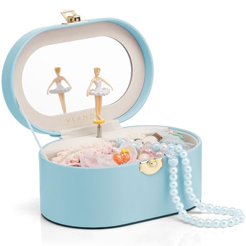VLANDO Musical Jewelry Box for Girls, Oval Design with Spinning Ballerina | Large Compartment for Daily Treasures, Plays Canon Melody, Built-In Mirror and Soft Portable Handle, Birthday Chri