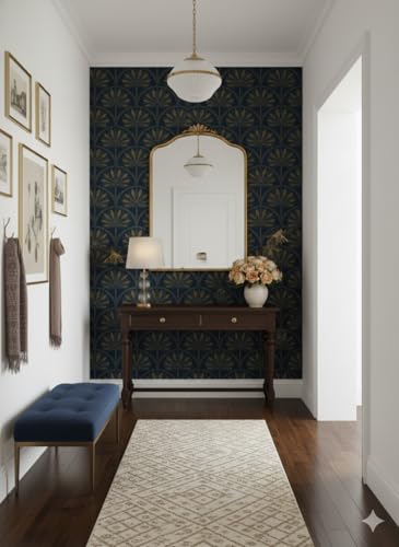 Image of Veki Luxury Floral & Botanical Geometric Wallpaper Mural - Waterproof, Moisture-Proof, Self-Adhesive PVC Wall Sticker for Home & Hotel Decoration (45cm x 300cm) (Blue Gold Leaf)