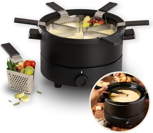 Fondussimo Appareil à Fondue Électrique Evolution 3-en-1 – Service à Fondue avec Caquelon INOX 3 L + Bol Céramique Bain-Marie – 6 Paniers & 6 Pinces...