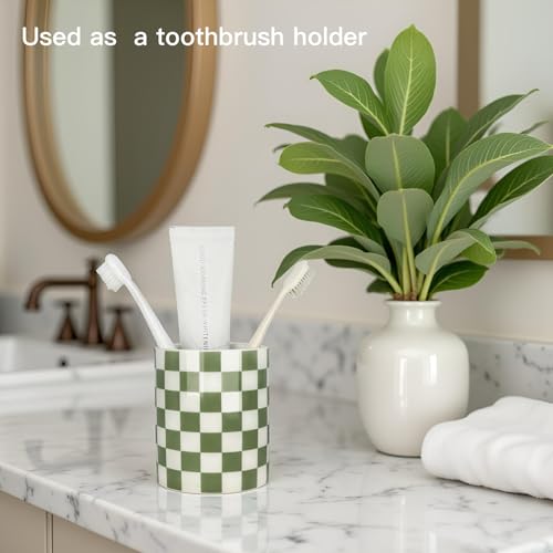 Tooth Brush Holder for Bathroom, Cute Toothbrush Holders for Bathrooms, Bath Room Cups, Ceramic Toothbrush and Toothpaste Dispenser, Sage Green Checkered Bathroom Home Decor by Nakor home - Image 3